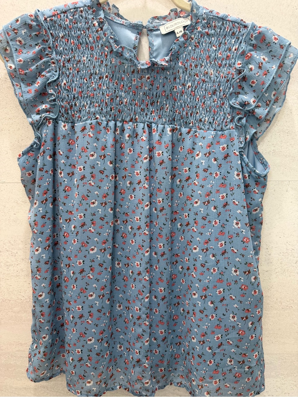 Smocked Flutter Sleeve Floral Blouse — Light Blue